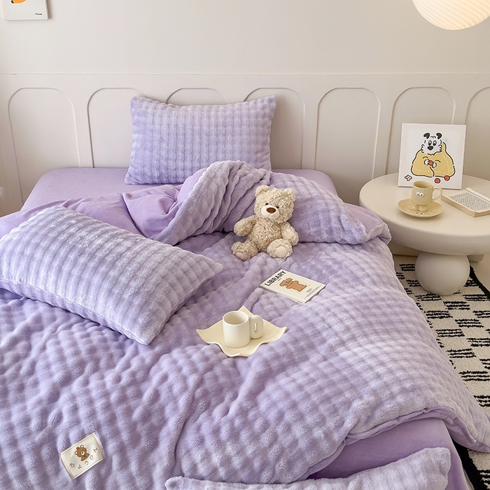 91家纺网 家纺一手货源 找家纺 宜派家纺 2025新款A类简约高克重泡泡兔毛绒四件套 泡泡-芋紫