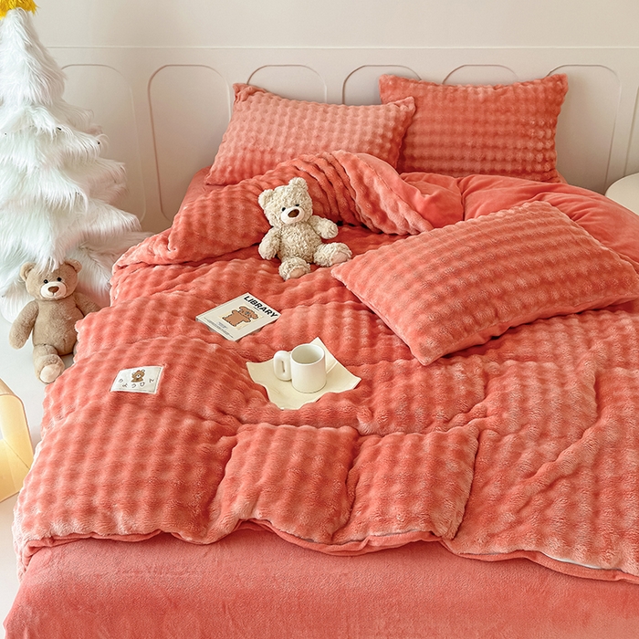 91家纺网 家纺一手货源 找家纺 宜派家纺 2025新款A类简约高克重泡泡兔毛绒四件套 泡泡-赤橙