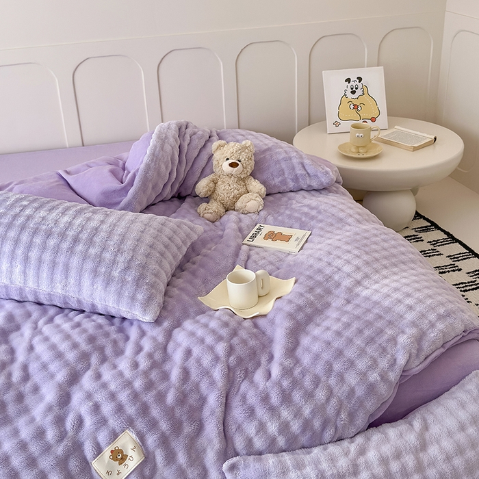 91家纺网 家纺一手货源 找家纺 宜派家纺 2025新款A类简约高克重泡泡兔毛绒四件套 泡泡-芋紫