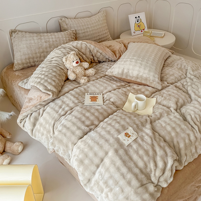 91家纺网 家纺一手货源 找家纺 宜派家纺 2025新款A类简约高克重泡泡兔毛绒四件套 泡泡-米驼