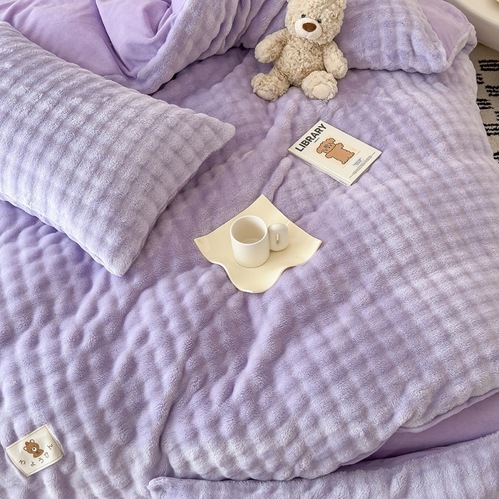 91家纺网 家纺一手货源 找家纺 宜派家纺 2025新款A类简约高克重泡泡兔毛绒四件套 泡泡-芋紫