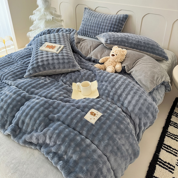 宜派家纺 2025新款A类简约高克重泡泡兔毛绒四件套 泡泡-雾蓝