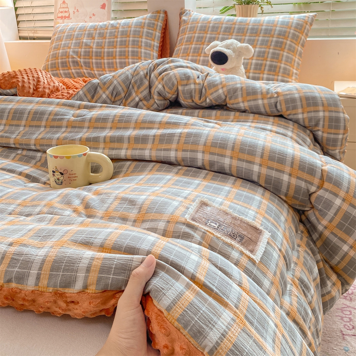 91家纺网 家纺一手货源 找家纺 宝士康家纺 2025新款豆豆绒木棉冬被/被芯/跨境/外贸 豆豆-蓝灰格