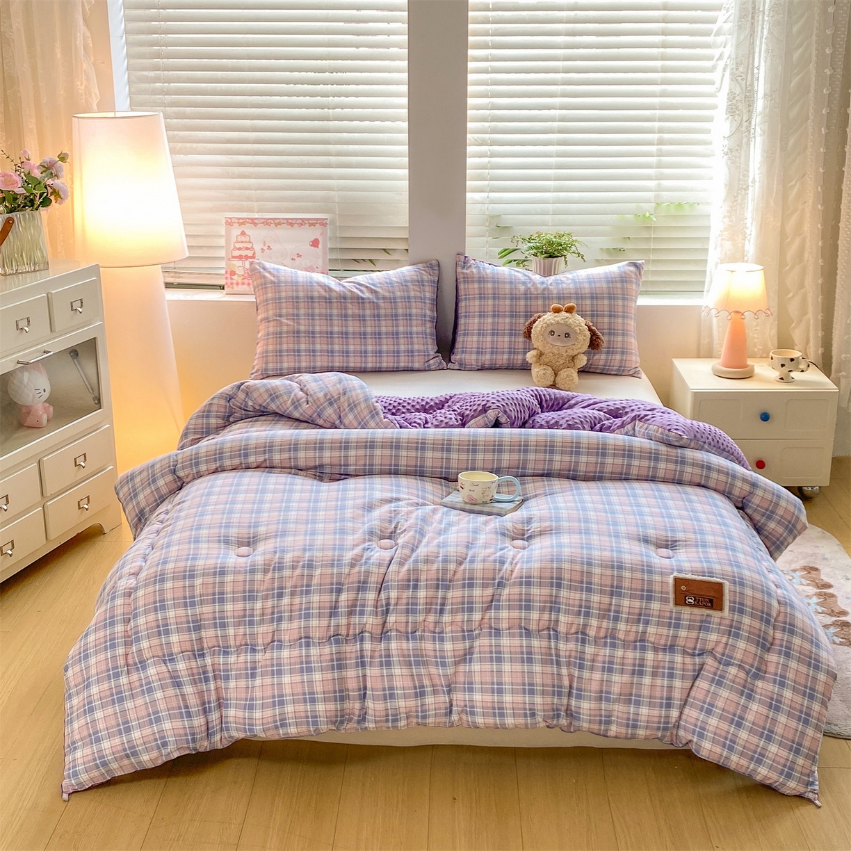 91家纺网 家纺一手货源 找家纺 宝士康家纺 2025新款豆豆绒木棉冬被/被芯/跨境/外贸 豆豆-紫粉格