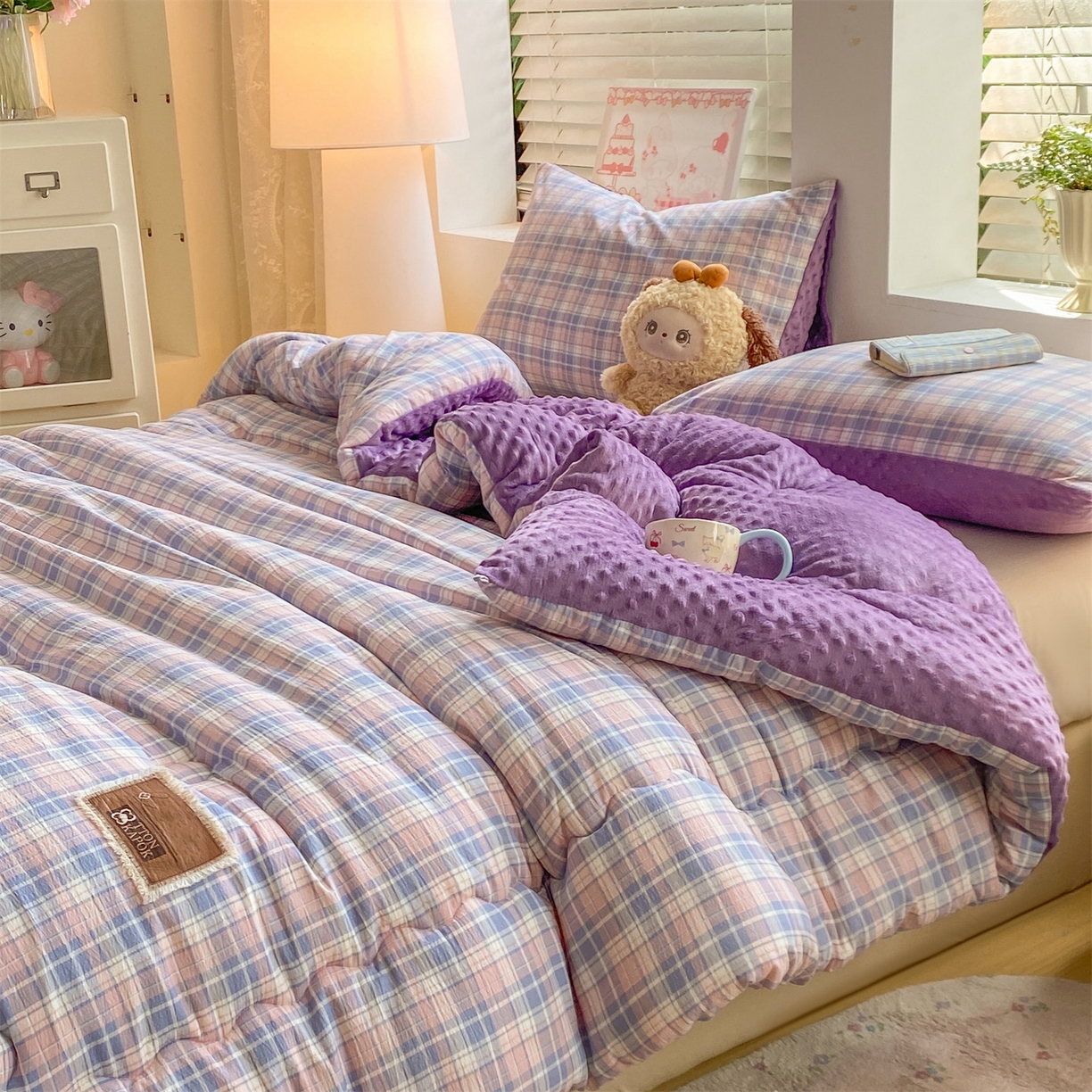 91家纺网 家纺一手货源 找家纺 宝士康家纺 2025新款豆豆绒木棉冬被/被芯/跨境/外贸 豆豆-紫粉格