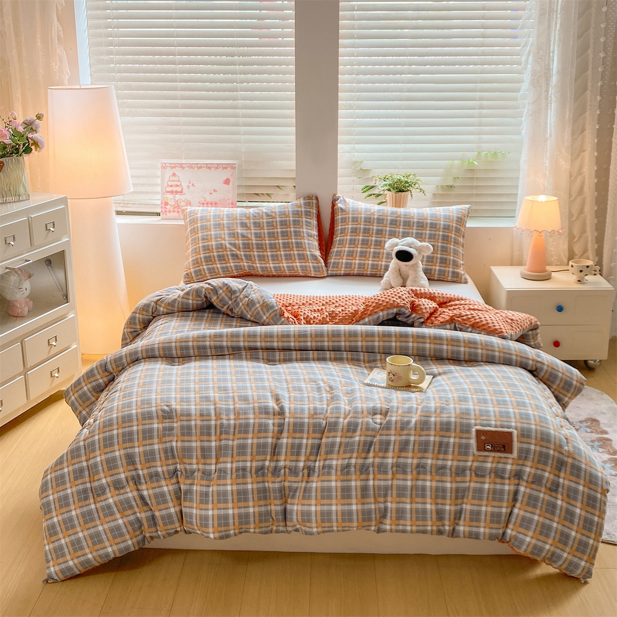 91家纺网 家纺一手货源 找家纺 宝士康家纺 2025新款豆豆绒木棉冬被/被芯/跨境/外贸 豆豆-蓝灰格