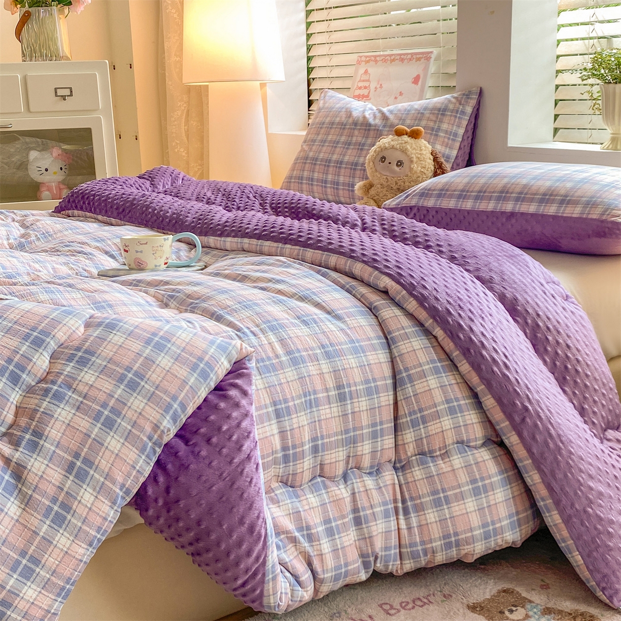 宝士康家纺 2025新款豆豆绒木棉冬被/被芯/跨境/外贸 豆豆-紫粉格