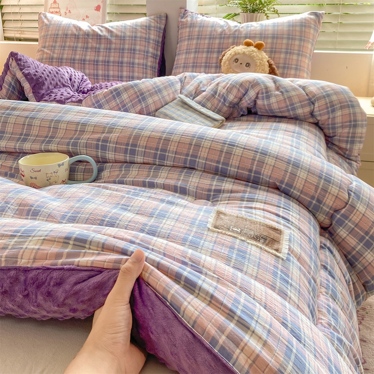 91家纺网 家纺一手货源 找家纺 宝士康家纺 2025新款豆豆绒木棉冬被/被芯/跨境/外贸 豆豆-紫粉格