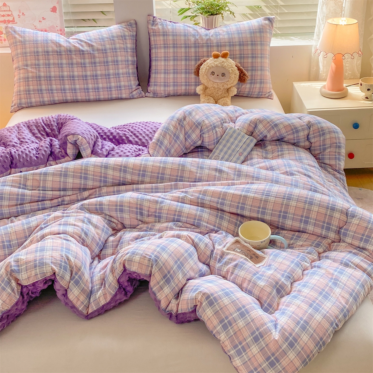 91家纺网 家纺一手货源 找家纺 宝士康家纺 2025新款豆豆绒木棉冬被/被芯/跨境/外贸 豆豆-紫粉格