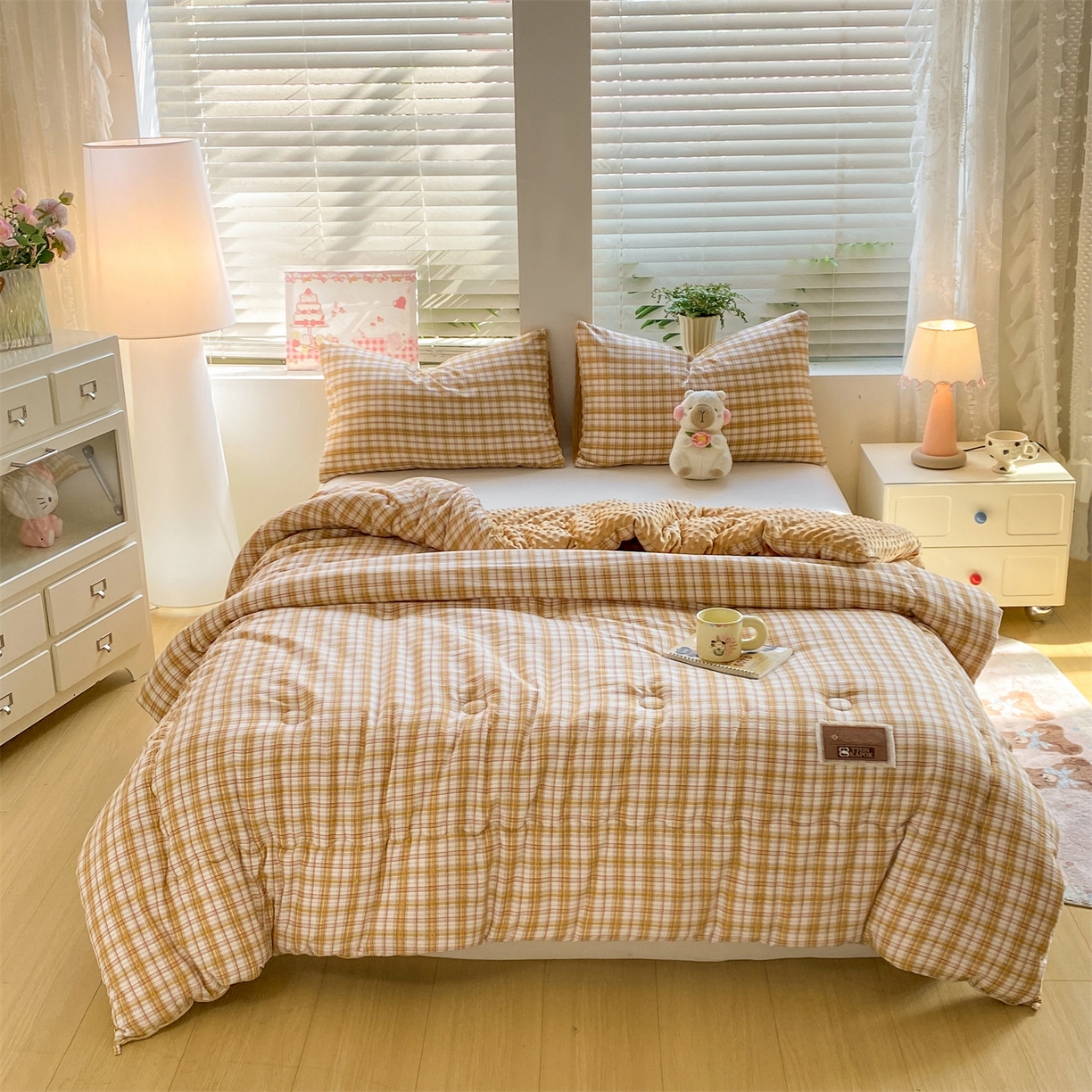 91家纺网 家纺一手货源 找家纺 宝士康家纺 2025新款豆豆绒木棉冬被/被芯/跨境/外贸 豆豆-粉黄格