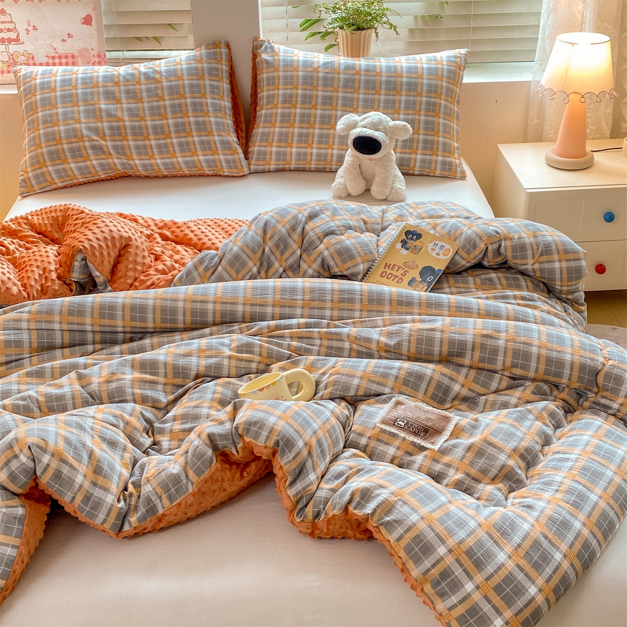 91家纺网 家纺一手货源 找家纺 宝士康家纺 2025新款豆豆绒木棉冬被/被芯/跨境/外贸 豆豆-蓝灰格