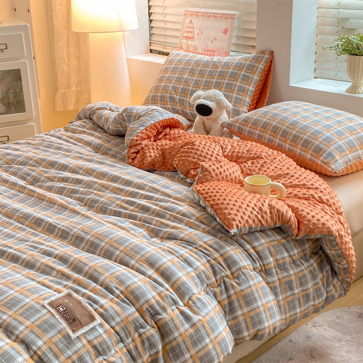 91家纺网 家纺一手货源 找家纺 宝士康家纺 2025新款豆豆绒木棉冬被/被芯/跨境/外贸 豆豆-蓝灰格