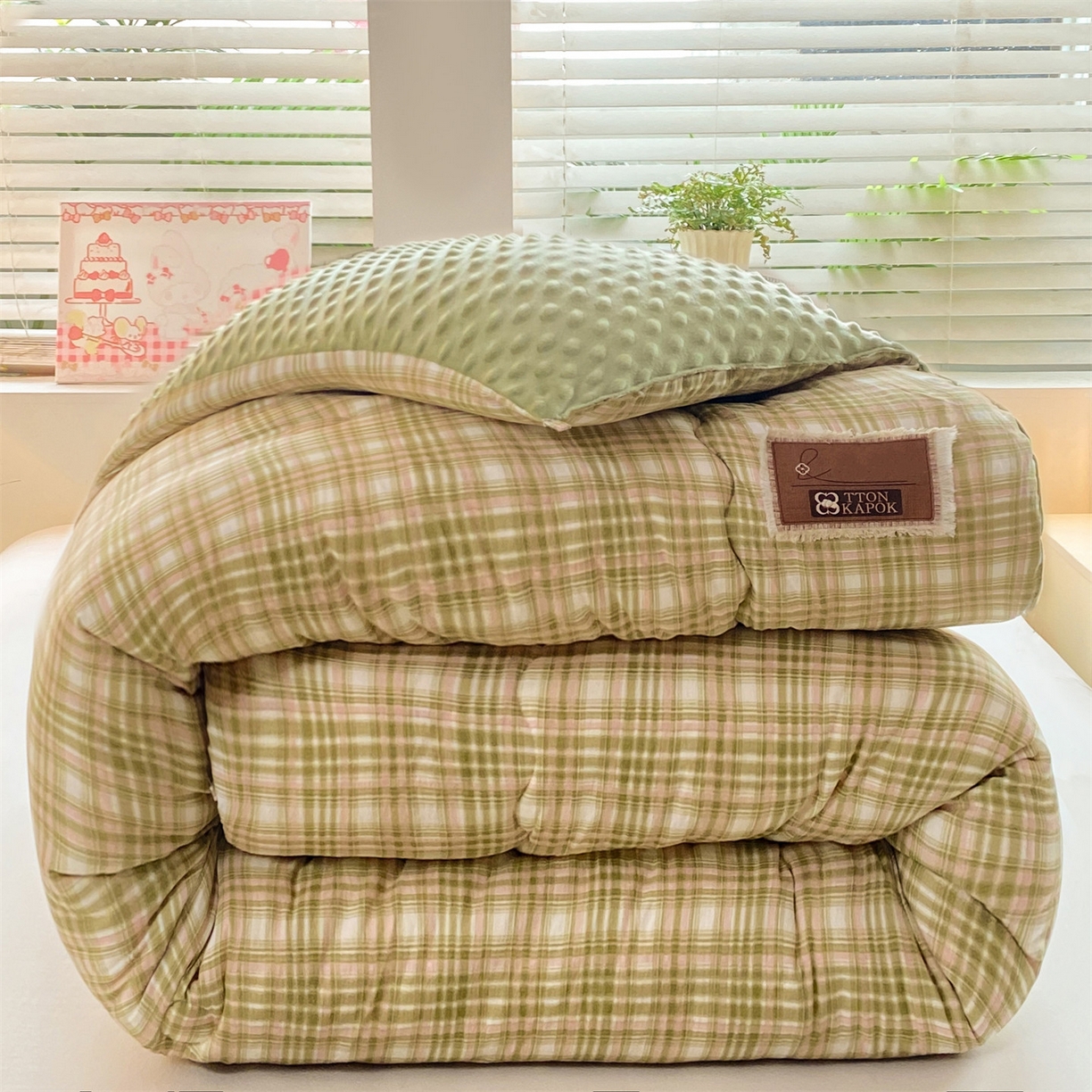 91家纺网 家纺一手货源 找家纺 宝士康家纺 2025新款豆豆绒木棉冬被/被芯/跨境/外贸 豆豆-绿粉格