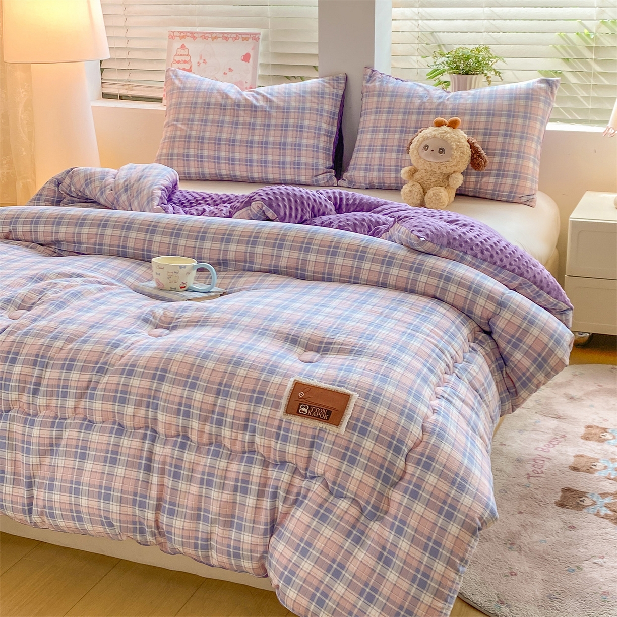 91家纺网 家纺一手货源 找家纺 宝士康家纺 2025新款豆豆绒木棉冬被/被芯/跨境/外贸 豆豆-紫粉格