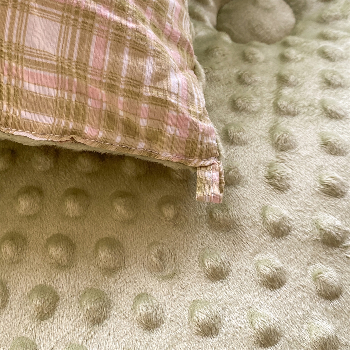 91家纺网 家纺一手货源 找家纺 宝士康家纺 2025新款豆豆绒木棉冬被/被芯/跨境/外贸 豆豆-绿粉格