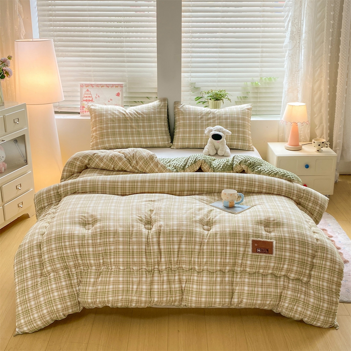 91家纺网 家纺一手货源 找家纺 宝士康家纺 2025新款豆豆绒木棉冬被/被芯/跨境/外贸 豆豆-绿粉格