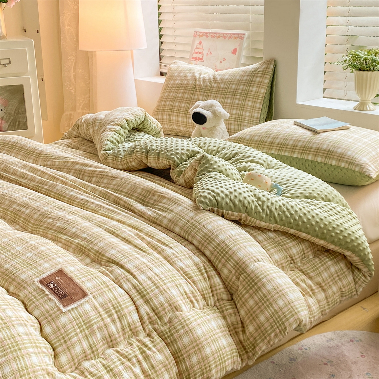 91家纺网 家纺一手货源 找家纺 宝士康家纺 2025新款豆豆绒木棉冬被/被芯/跨境/外贸 豆豆-绿粉格