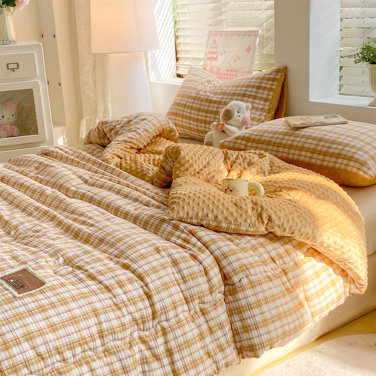 91家纺网 家纺一手货源 找家纺 宝士康家纺 2025新款豆豆绒木棉冬被/被芯/跨境/外贸 豆豆-粉黄格