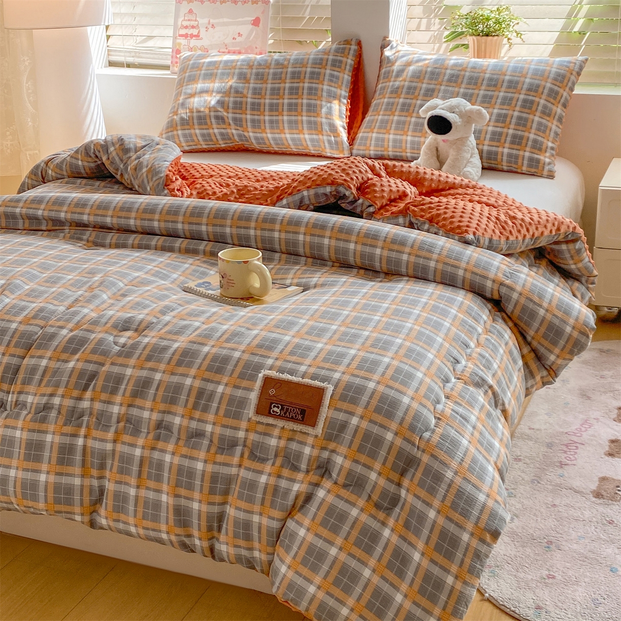 91家纺网 家纺一手货源 找家纺 宝士康家纺 2025新款豆豆绒木棉冬被/被芯/跨境/外贸 豆豆-蓝灰格