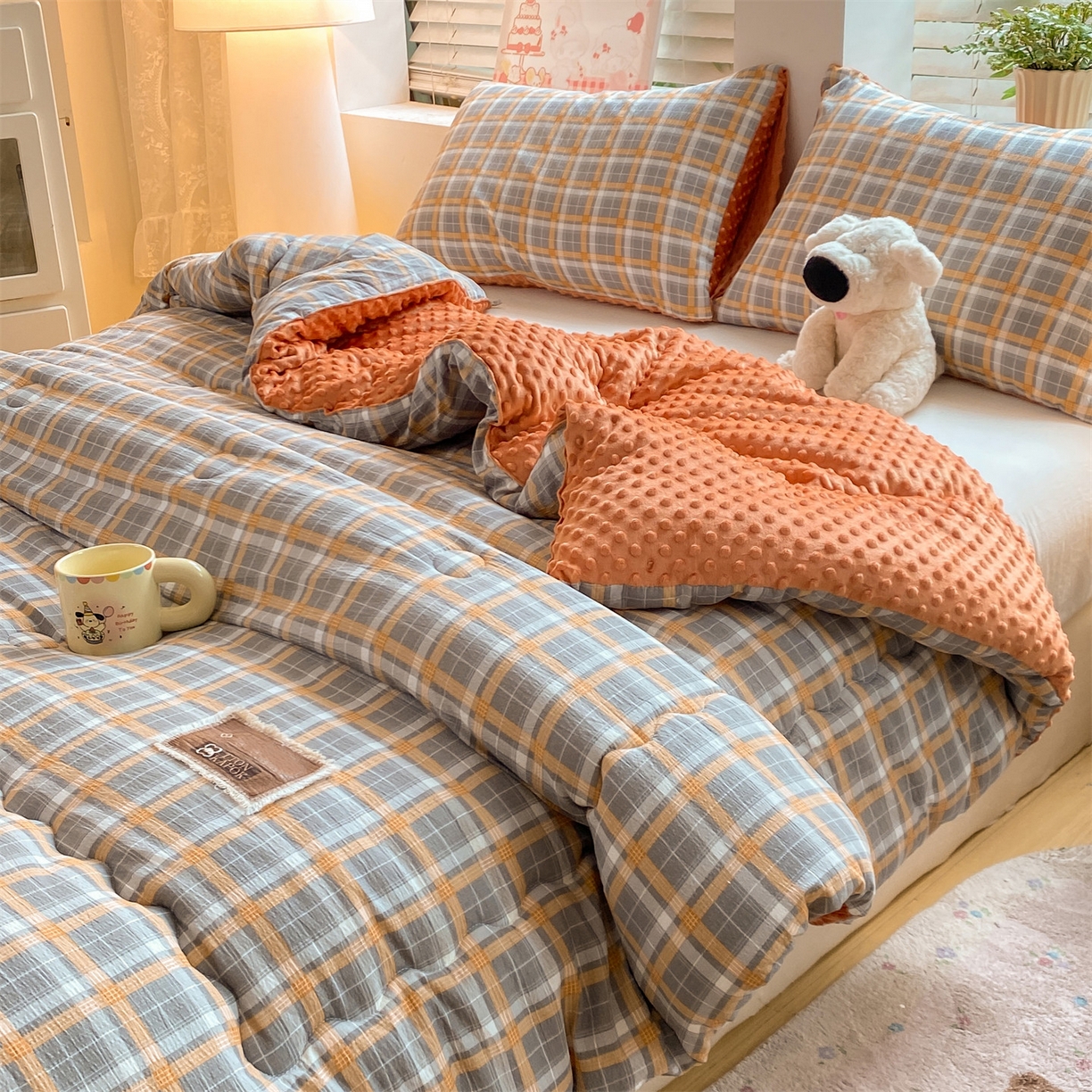 91家纺网 家纺一手货源 找家纺 宝士康家纺 2025新款豆豆绒木棉冬被/被芯/跨境/外贸 豆豆-蓝灰格