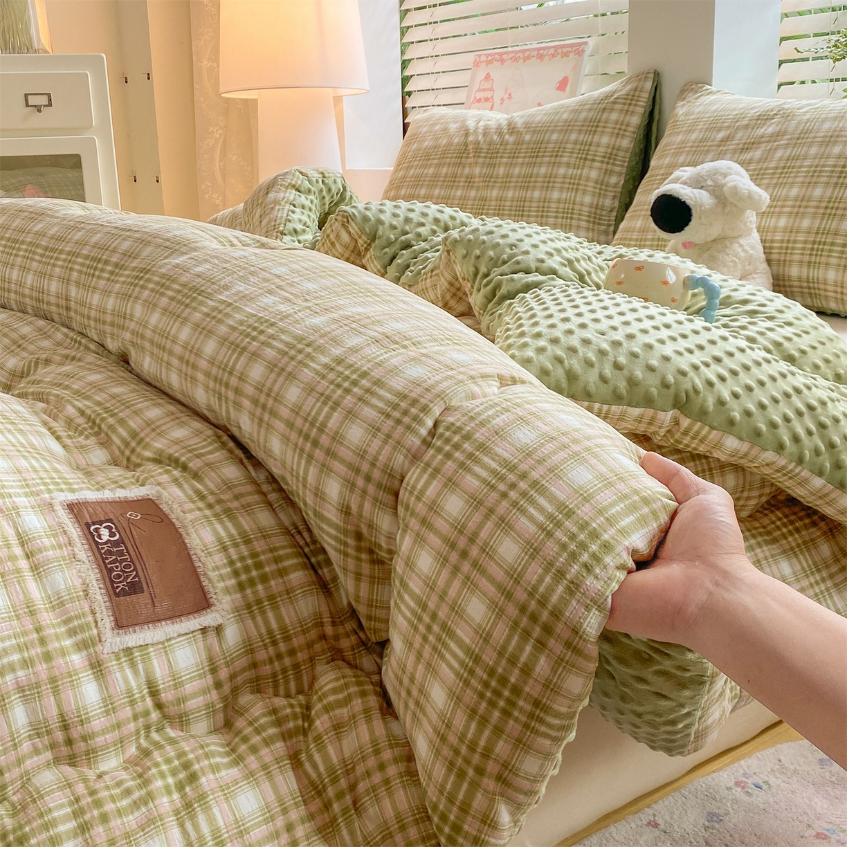 91家纺网 家纺一手货源 找家纺 宝士康家纺 2025新款豆豆绒木棉冬被/被芯/跨境/外贸 豆豆-绿粉格