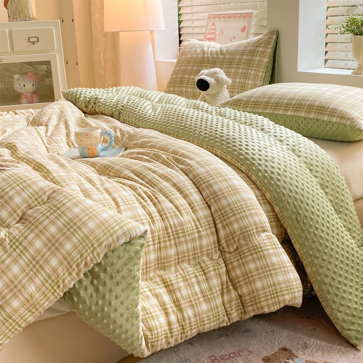 宝士康家纺 2025新款豆豆绒木棉冬被/被芯/跨境/外贸 豆豆-绿粉格