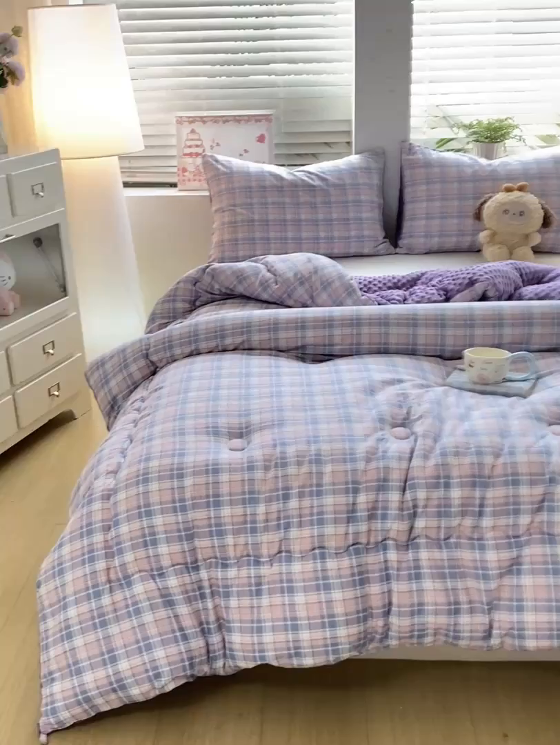 91家纺网 家纺一手货源 找家纺 宝士康家纺 2025新款豆豆绒木棉冬被/被芯/跨境/外贸 豆豆-紫粉格