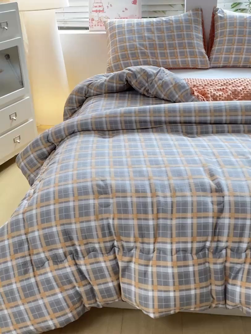 91家纺网 家纺一手货源 找家纺 宝士康家纺 2025新款豆豆绒木棉冬被/被芯/跨境/外贸 豆豆-蓝灰格