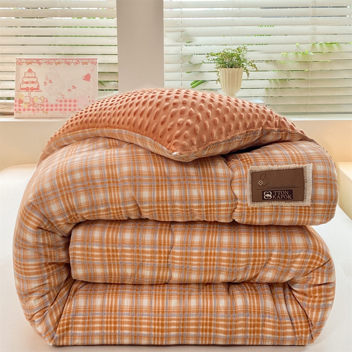 91家纺网 家纺一手货源 找家纺 宝士康家纺 2025新款豆豆绒木棉冬被/被芯/跨境/外贸 豆豆-蓝橙格