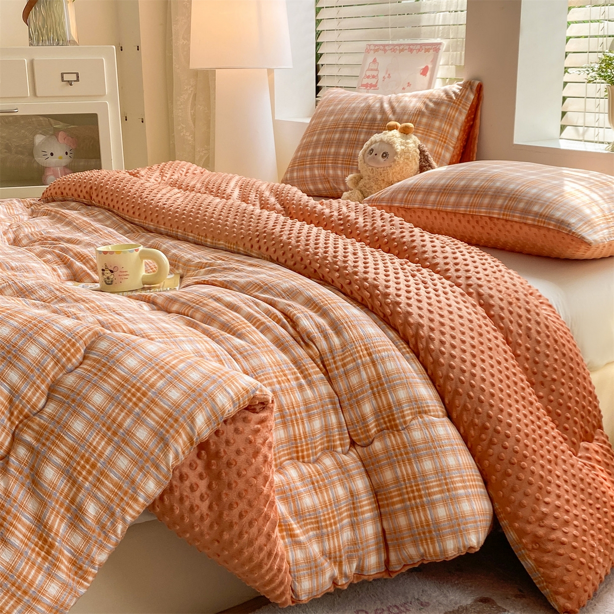 宝士康家纺 2025新款豆豆绒木棉冬被/被芯/跨境/外贸 豆豆-蓝橙格