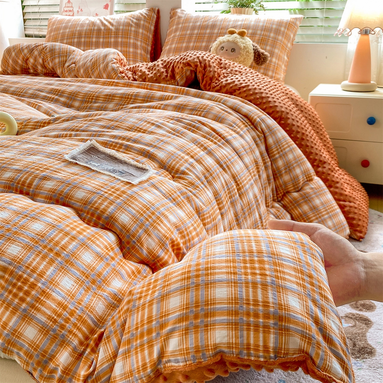 91家纺网 家纺一手货源 找家纺 宝士康家纺 2025新款豆豆绒木棉冬被/被芯/跨境/外贸 豆豆-蓝橙格