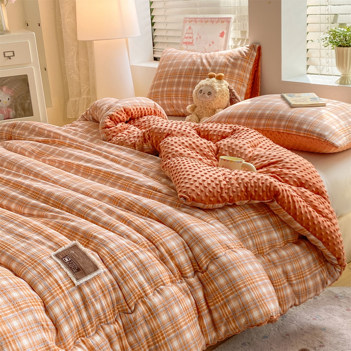 91家纺网 家纺一手货源 找家纺 宝士康家纺 2025新款豆豆绒木棉冬被/被芯/跨境/外贸 豆豆-蓝橙格