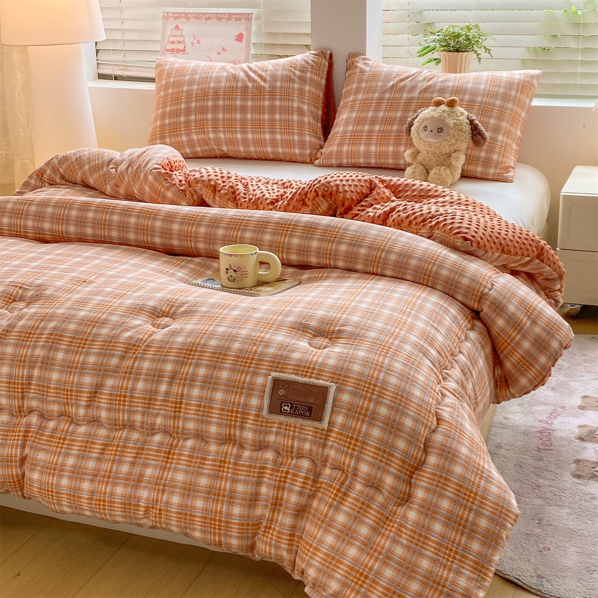 91家纺网 家纺一手货源 找家纺 宝士康家纺 2025新款豆豆绒木棉冬被/被芯/跨境/外贸 豆豆-蓝橙格