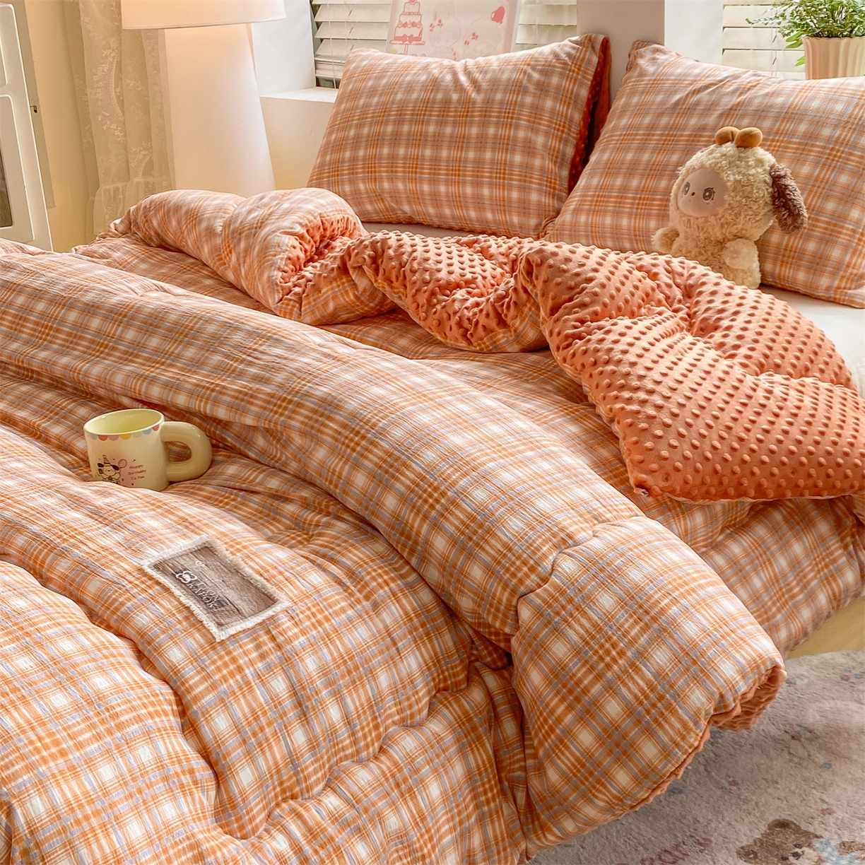 91家纺网 家纺一手货源 找家纺 宝士康家纺 2025新款豆豆绒木棉冬被/被芯/跨境/外贸 豆豆-蓝橙格