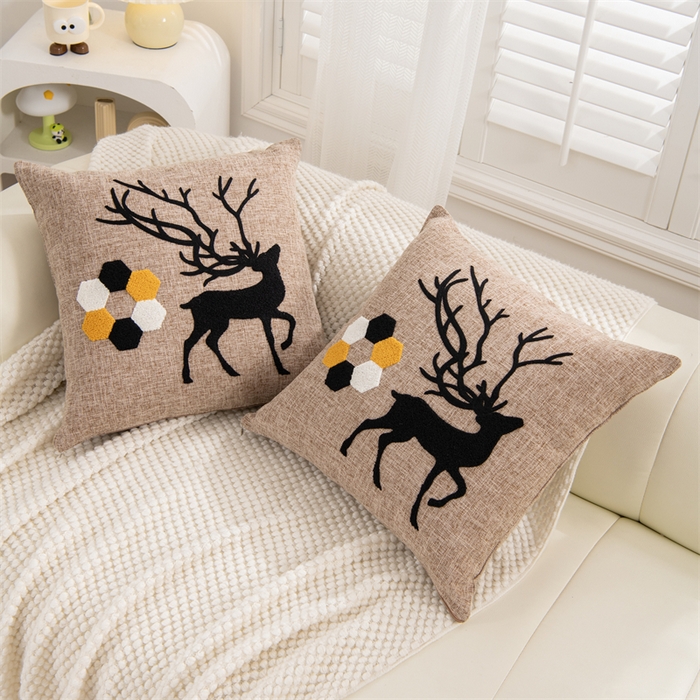 91家纺网 家纺一手货源 找家纺 仁宇枕业 2025新款新品情侣抱枕靠枕靠垫腰枕头枕腰靠枕头枕芯 亚麻一鹿有你系列抱枕-咖色