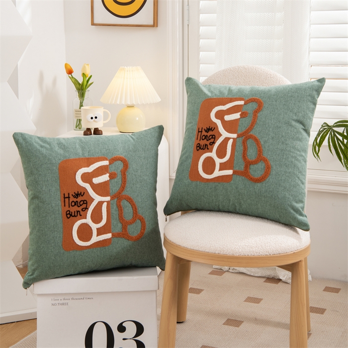 91家纺网 家纺一手货源 找家纺 仁宇枕业 2025新款新品情侣抱枕靠枕靠垫腰枕头枕腰靠枕头枕芯 亚麻打坐熊系列抱枕-绿色熊