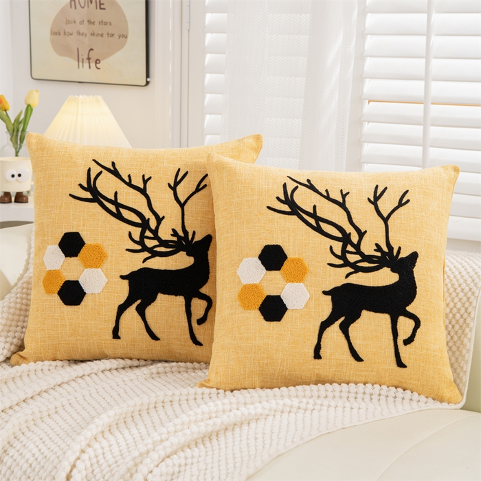 91家纺网 家纺一手货源 找家纺 仁宇枕业 2025新款新品情侣抱枕靠枕靠垫腰枕头枕腰靠枕头枕芯 亚麻一鹿有你系列抱枕-黄色