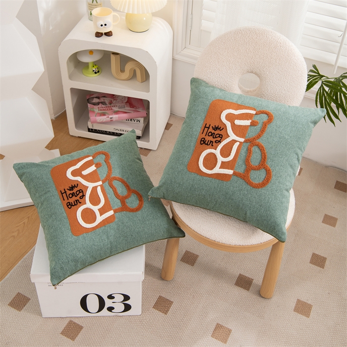 91家纺网 家纺一手货源 找家纺 仁宇枕业 2025新款新品情侣抱枕靠枕靠垫腰枕头枕腰靠枕头枕芯 亚麻打坐熊系列抱枕-绿色熊