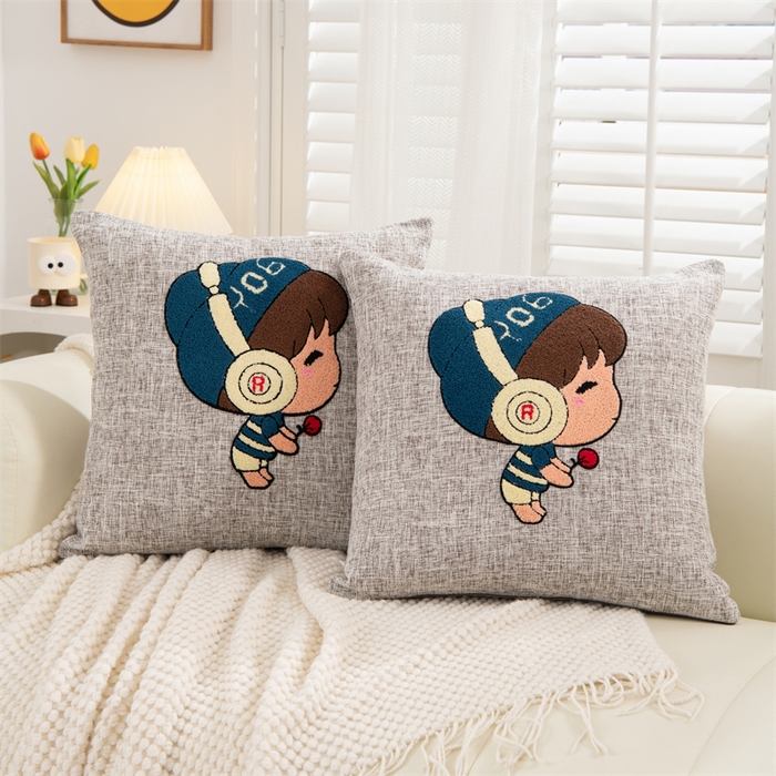 91家纺网 家纺一手货源 找家纺 仁宇枕业 2025新款新品情侣抱枕靠枕靠垫腰枕头枕腰靠枕头枕芯 亚麻耳机男孩抱枕系列-帽子男孩蓝色