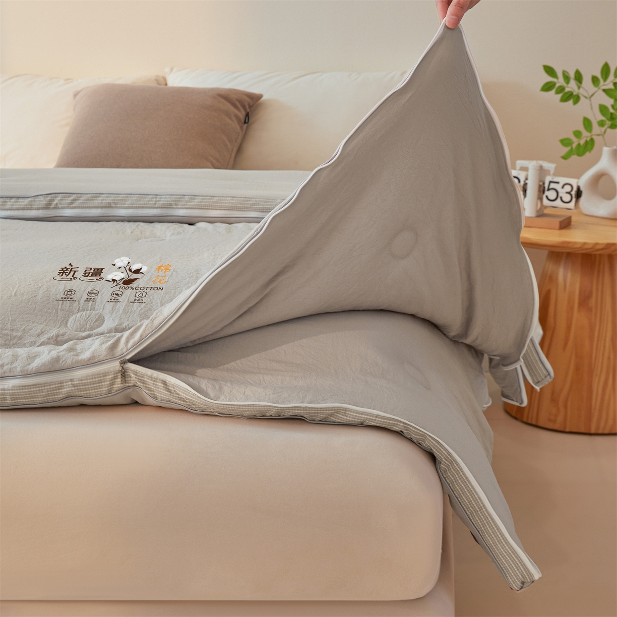 91家纺网 家纺一手货源 找家纺 易博家纺 2025新款A类水洗棉新疆棉花被立体边子母被冬被春秋被被子被芯 新疆棉-立体灰