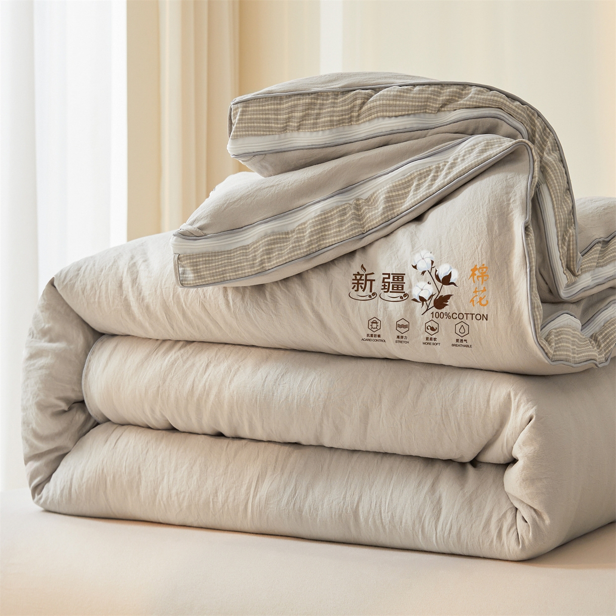 91家纺网 家纺一手货源 找家纺 易博家纺 2025新款A类水洗棉新疆棉花被立体边子母被冬被春秋被被子被芯 新疆棉-立体灰