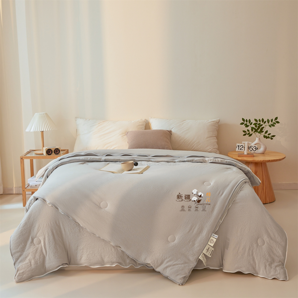 91家纺网 家纺一手货源 找家纺 易博家纺 2025新款A类水洗棉新疆棉花被立体边子母被冬被春秋被被子被芯 新疆棉-立体灰