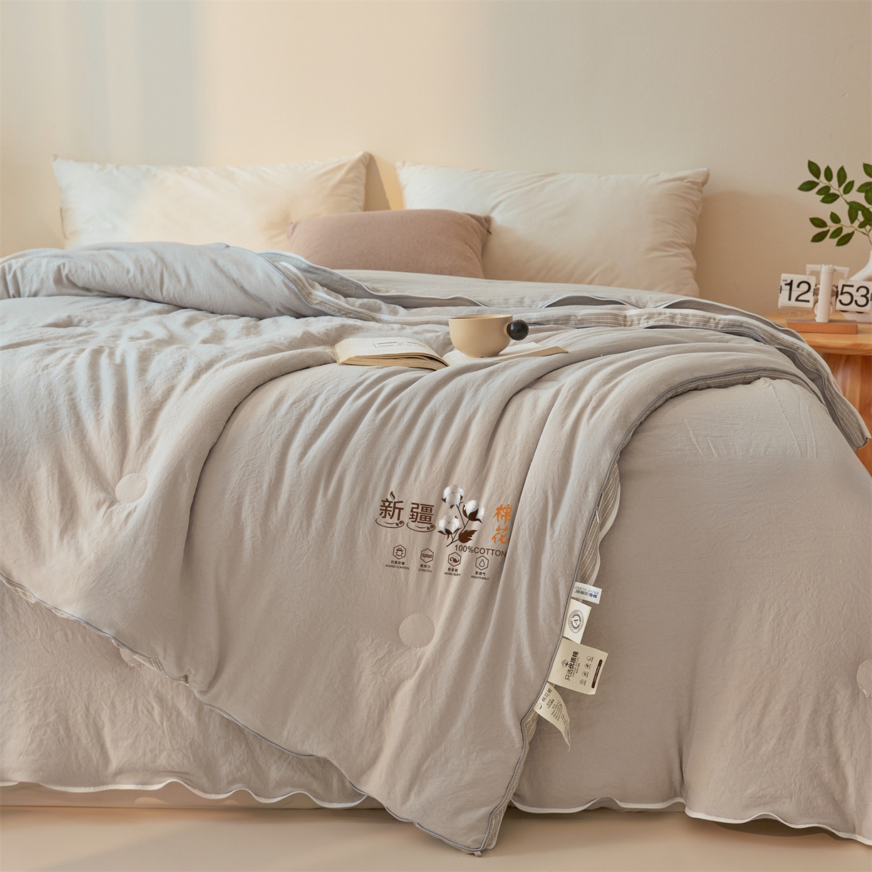91家纺网 家纺一手货源 找家纺 易博家纺 2025新款A类水洗棉新疆棉花被立体边子母被冬被春秋被被子被芯 新疆棉-立体灰