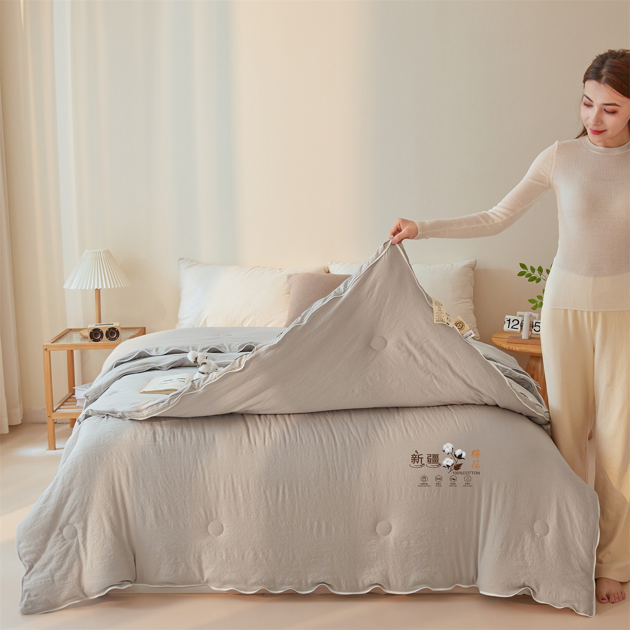 91家纺网 家纺一手货源 找家纺 易博家纺 2025新款A类水洗棉新疆棉花被立体边子母被冬被春秋被被子被芯 新疆棉-立体灰