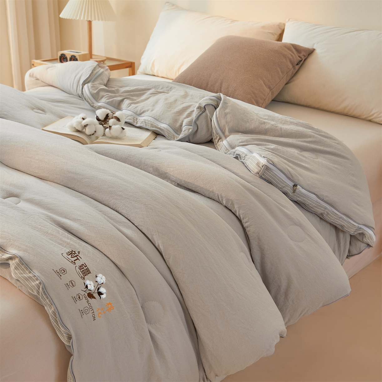 91家纺网 家纺一手货源 找家纺 易博家纺 2025新款A类水洗棉新疆棉花被立体边子母被冬被春秋被被子被芯 新疆棉-立体灰