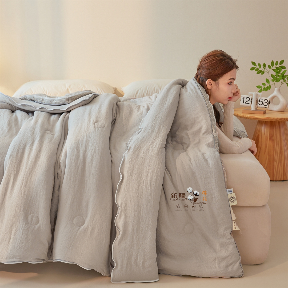 91家纺网 家纺一手货源 找家纺 易博家纺 2025新款A类水洗棉新疆棉花被立体边子母被冬被春秋被被子被芯 新疆棉-立体灰