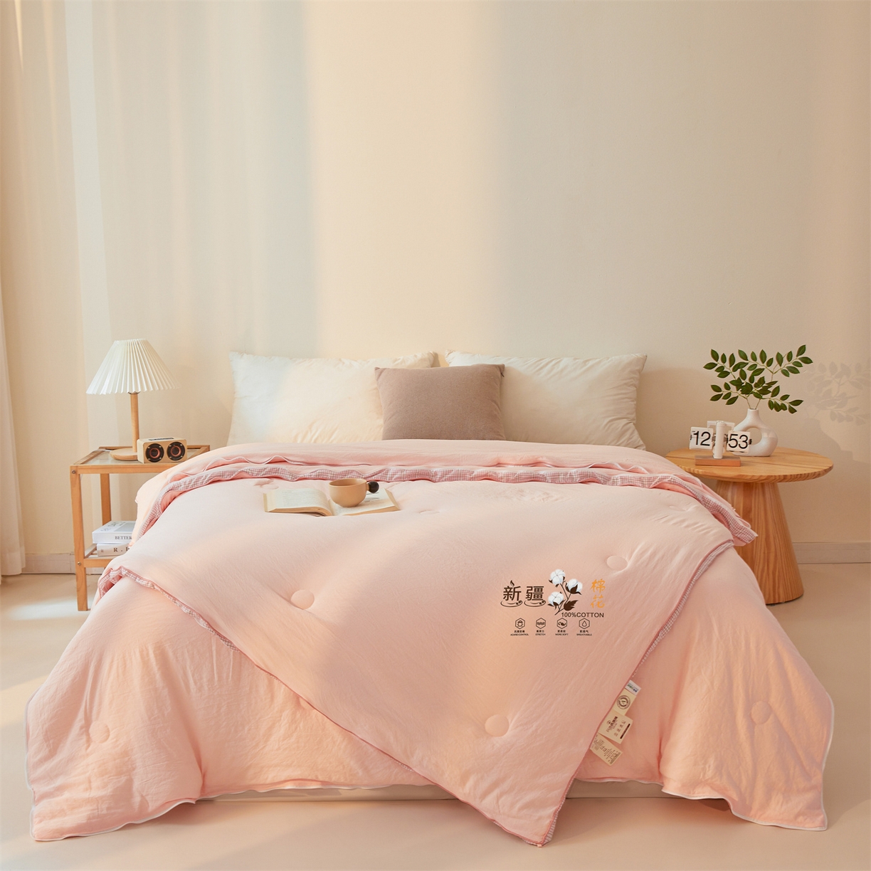 91家纺网 家纺一手货源 找家纺 易博家纺 2025新款A类水洗棉新疆棉花被立体边子母被冬被春秋被被子被芯 新疆棉-立体粉