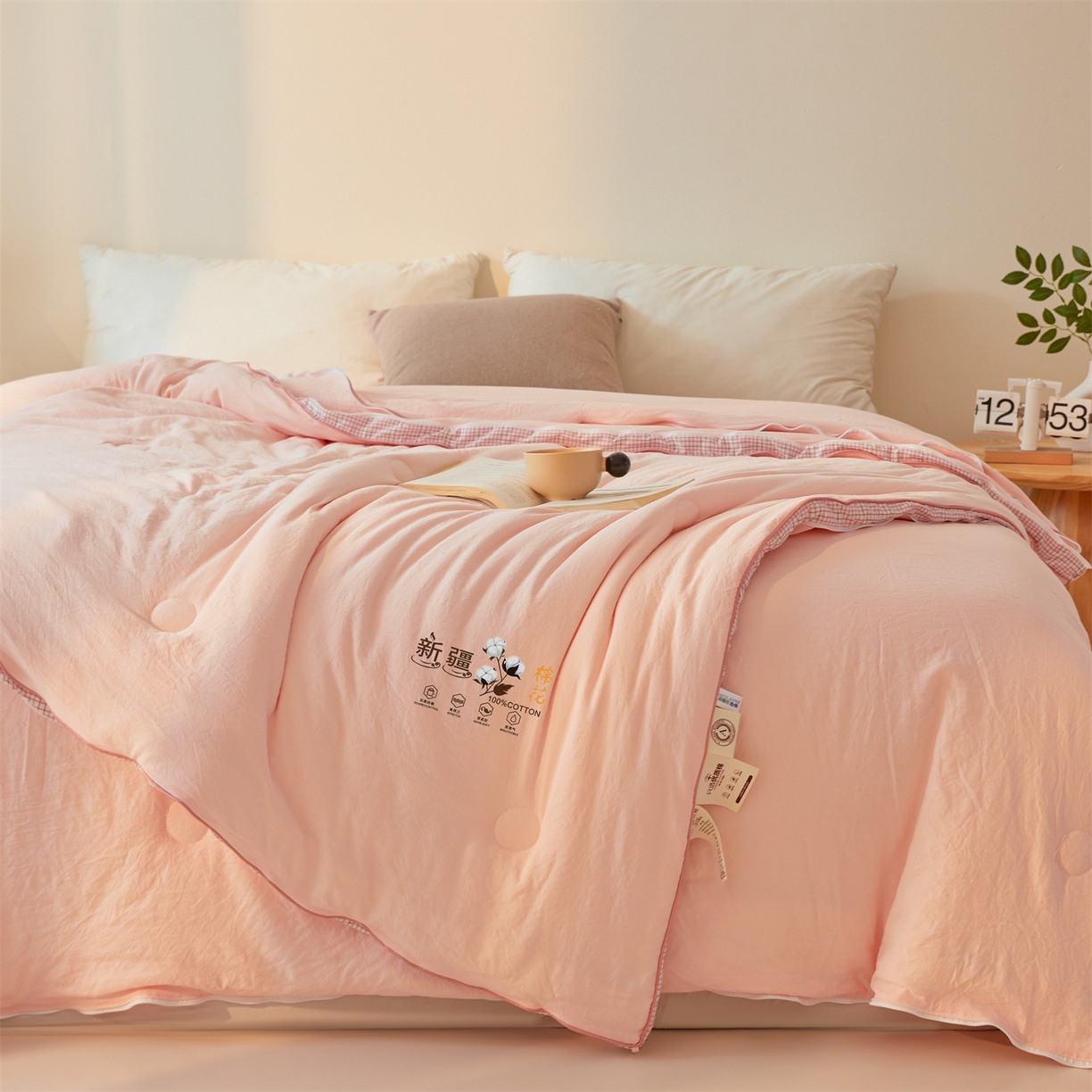 91家纺网 家纺一手货源 找家纺 易博家纺 2025新款A类水洗棉新疆棉花被立体边子母被冬被春秋被被子被芯 新疆棉-立体粉
