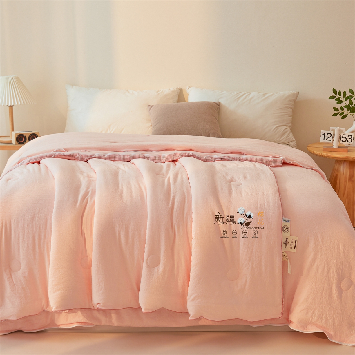 91家纺网 家纺一手货源 找家纺 易博家纺 2025新款A类水洗棉新疆棉花被立体边子母被冬被春秋被被子被芯 新疆棉-立体粉