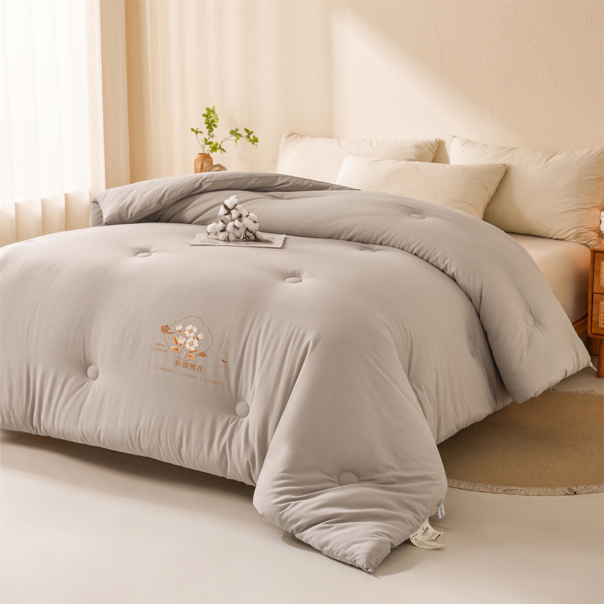 91家纺网 家纺一手货源 找家纺 易博家纺 2025新款A类水洗棉新疆棉花被纯色冬被春秋被被子被芯 棉花被-月光灰
